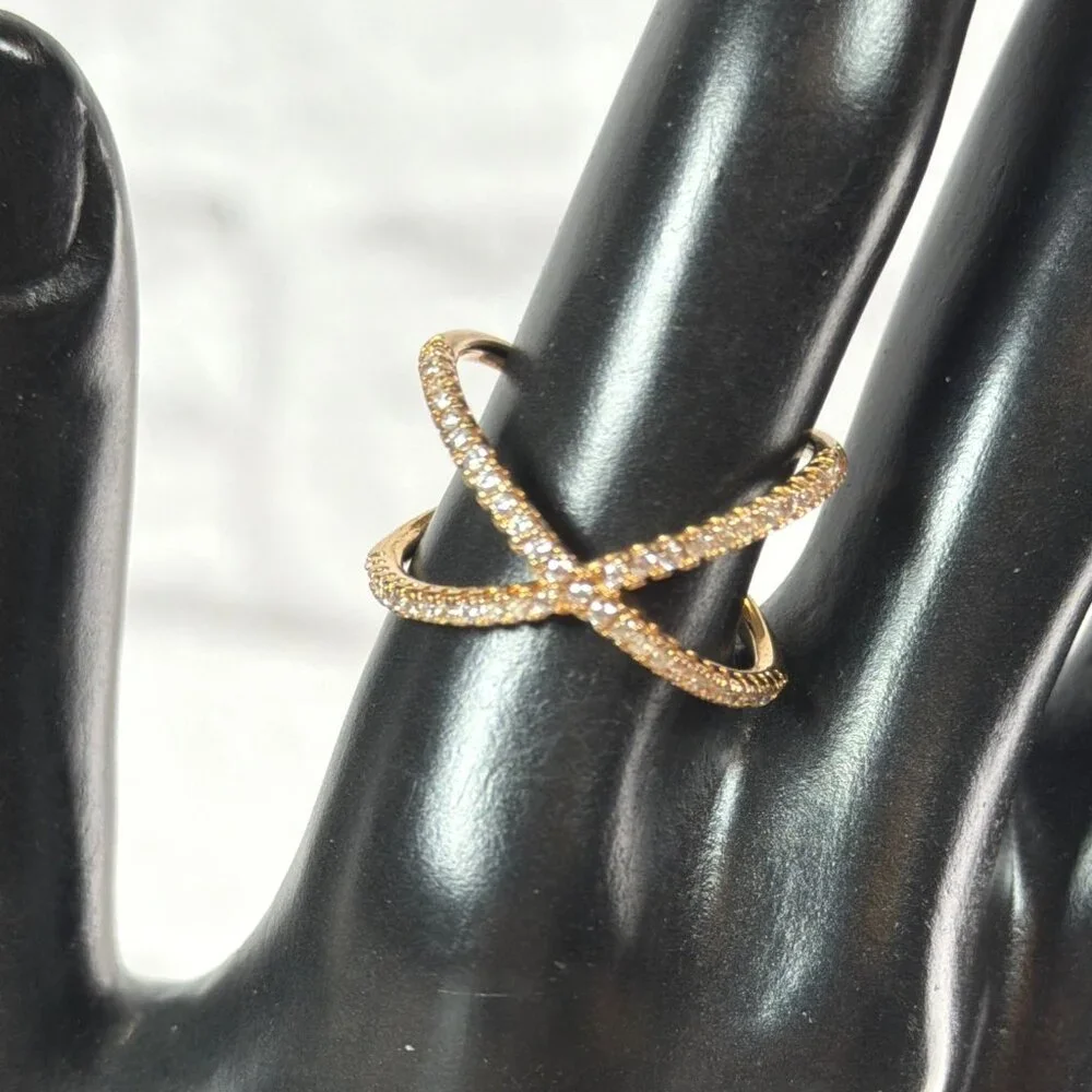 NEW 925 Silver Rose Gold Vermeil Pave CZ Criss Cross Ring Architectural Size 8 - Picture 15 of 16